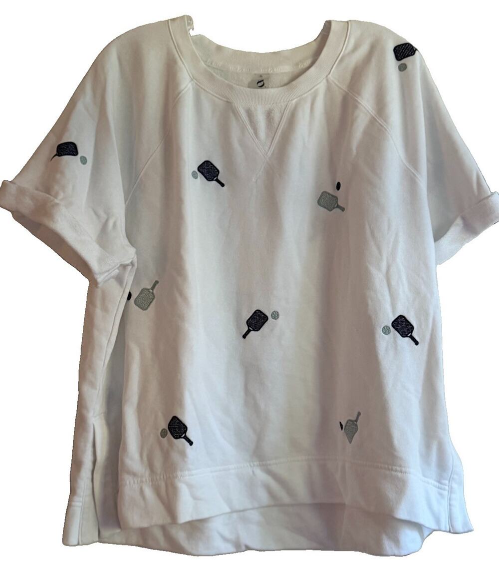 Lou & Grey Pickleball Embroidered Short Sleeve Sweatshirt Womens XL White